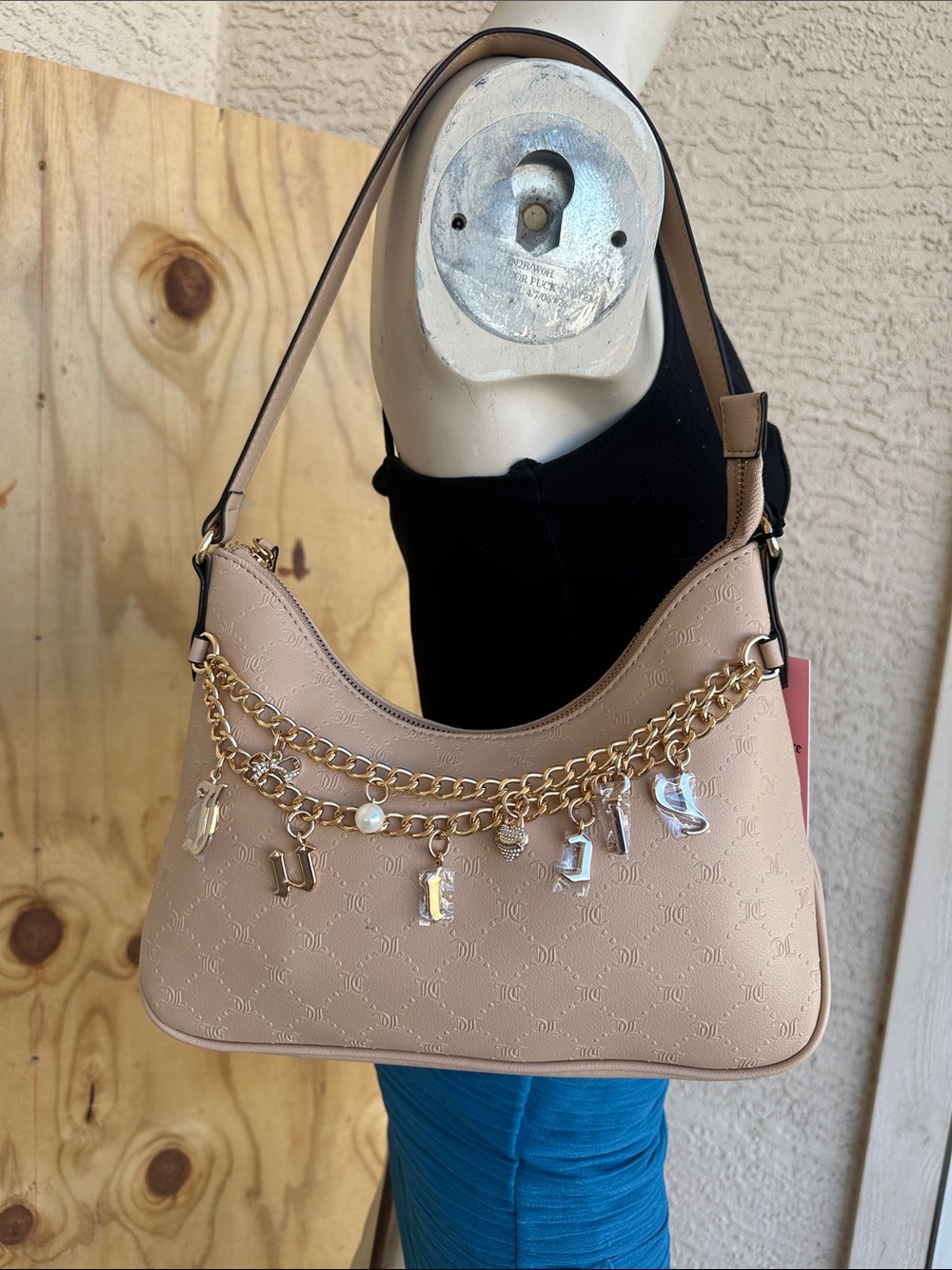 Juicy Couture Buff Beige Shoulder Bag with Gold Charm Chains
